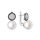 Cercei argint cu perle naturale albe si pietre negre cu tortite DiAmanti SK20215EL_W-G